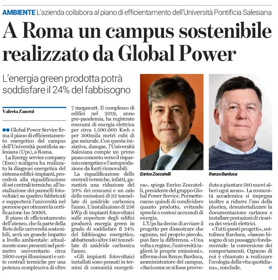 gps_efficiency's tweet photo. Su @larenait di oggi, 4 gennaio 2022, parlano di #GPS e del progetto per la riqualificazione energetica del Campus Universitario @Uni_Salesiana di Roma. Buona lettura!

#riqualificazioneenergetica #globalpowerservice #ups #roma #università https://t.co/iNaB8ft7rd