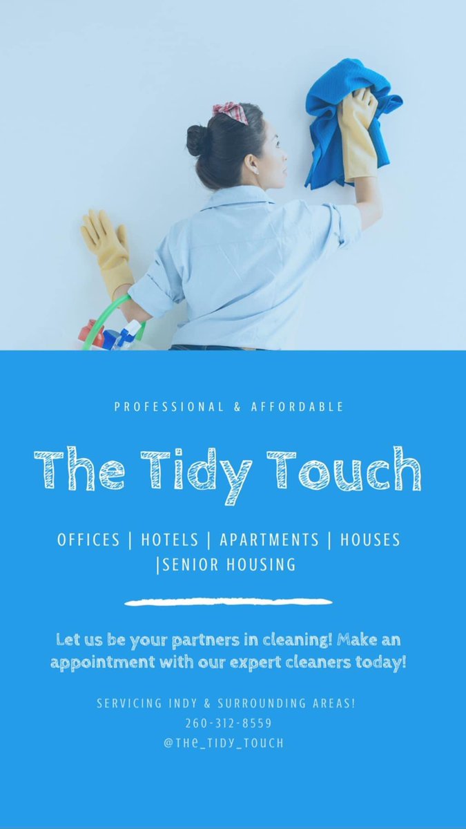 RaphealDavis3's tweet photo. My older sister has started a cleaning service servicing Carmel, Noblesville, Indianapolis, Fort Wayne, and anywhere else in Indiana!!
Check her out if you are looking for cleaning services!! #TidyTouch https://t.co/9Q5SEpqrLa
