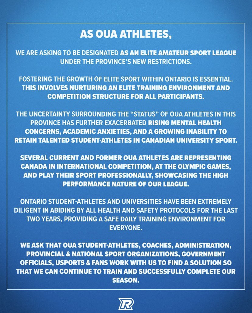 tmuboldwbb's tweet photo. A message from our Rams athletes: As OUA athletes, we are asking to be designated as an elite amateur sports league under the province’s new restrictions. Please share to spread our voice. https://t.co/K57Top12cz