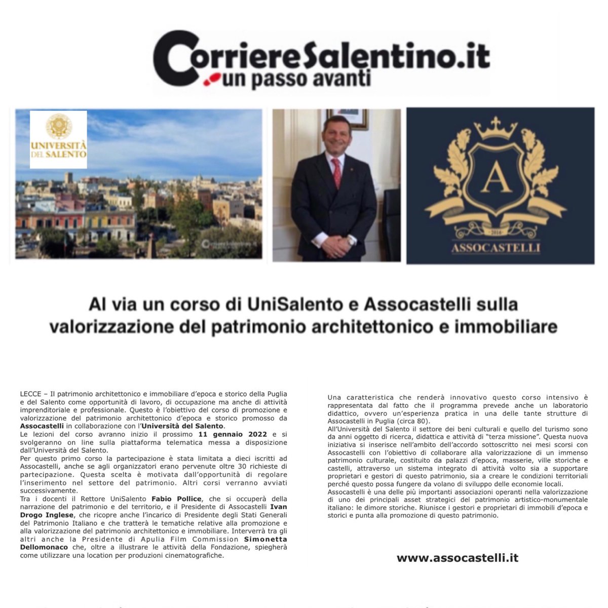 SmeoritaPopa's tweet photo. Corriere Salentino:
 Al via un corso di #UniSalento e #Assocastelli sulla #valorizzazione del #patrimonio architettonico e #immobiliare 🇮🇹🏰👑‼️
#IvanDrogoInglese 
https://t.co/YVTKkHHxfs 
@unisalento 
#IvanDrogoInglese #patrimoniostorico #patrimonioculturale #patriminioitaliano https://t.co/OrPWhxtoAc