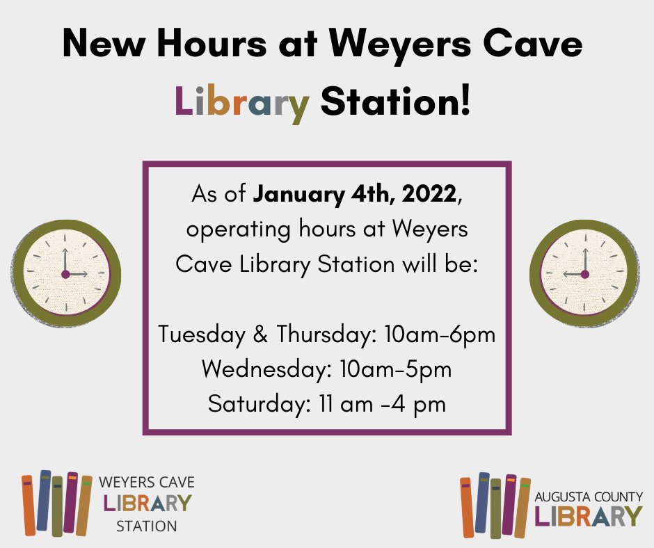 Weyers Cave has some exciting news! First, Weyers Cave Library Station has a new manager! Her name is Monica and she is very excited to be serving the Weyers Cave community. Second, starting this week, WCLS will be operating under new, extended hours! Stop by &amp; say hi to Monica!