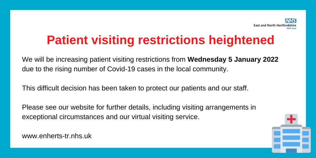 enherts's tweet photo. 🚨 From Wednesday 5 January 2022, it will only be possible to visit your loved one in hospital in exceptional circumstances.

We have taken this difficult decision due to the rising number of Covid cases in our local community. 🚨

ℹ️ https://t.co/jXwhYP9Ca3 https://t.co/1Xu6teLyxp