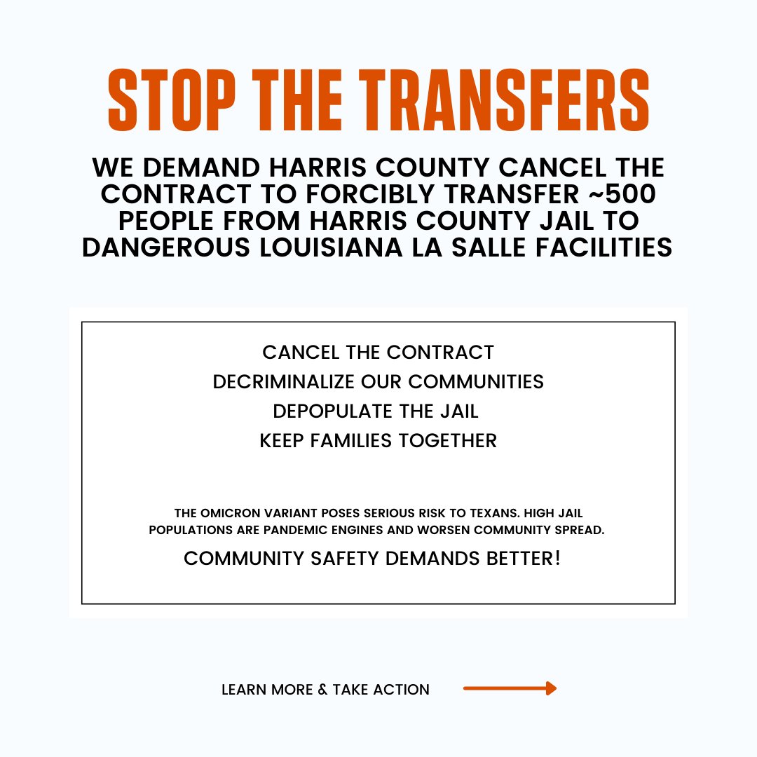 TxJailProject's tweet photo. Harris county must cancel the contract to forcibly transfer ~500 pretrial people from Harris co jail to deadly private prison facilities in Louisiana! 
Keep families together and keep our communities safe! https://t.co/LEKbPMfsrY @HarrisCoJudge @RodneyEllis @AdrianGarciaHTX https://t.co/Xs5rkenvsi