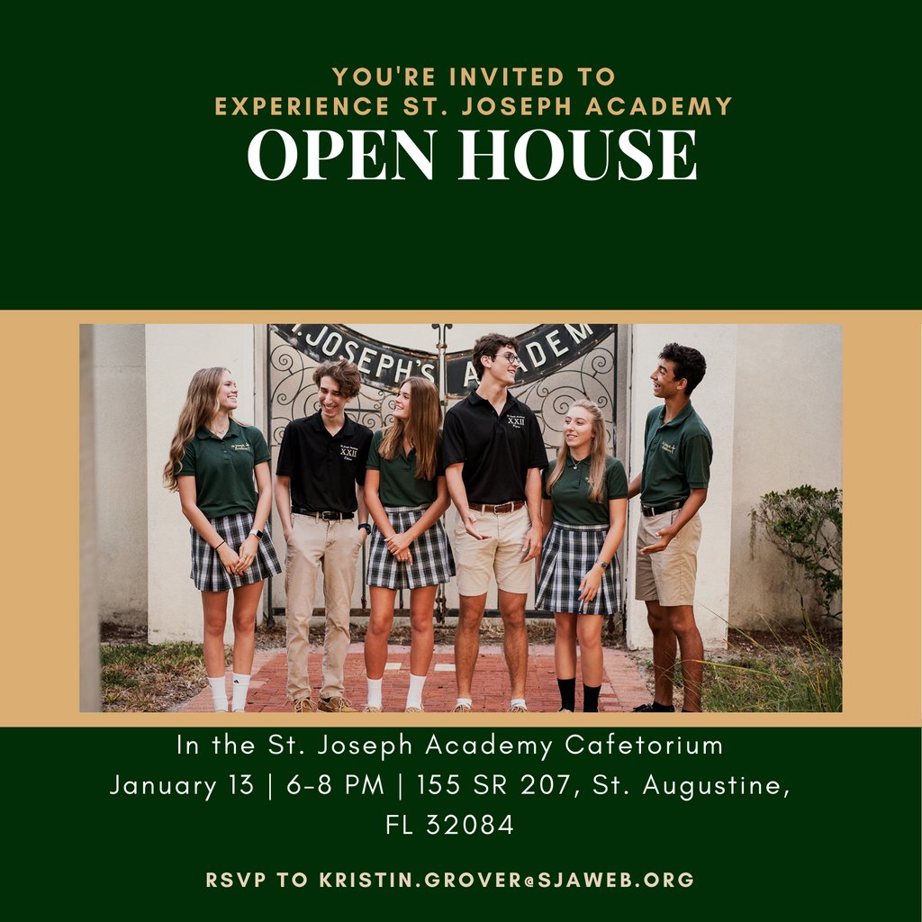 SaintJoeAcademy's tweet photo. You are invited!
7th and 8th graders and Parents, please join us for an open house to learn about all St. Joseph Academy has to offer.  Learn about academics, AP and Dual Enrollment Courses, Athletics, Clubs/Activities, Campus Ministry and mission trips and student life at SJA! https://t.co/RFRUi3XiWq