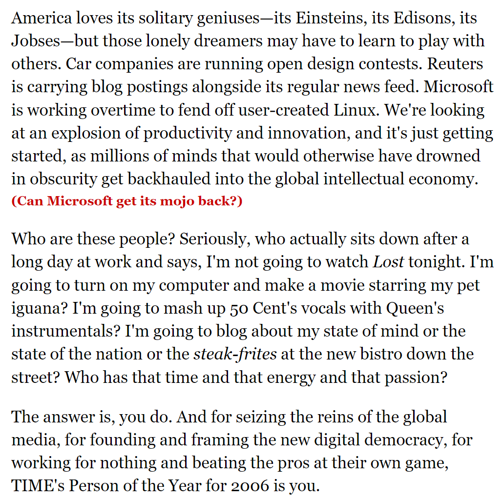 evgenymorozov's tweet photo. The 2006 Time that article that chose "You" (i.e. Web 2.0 and user-generated content) as Person of the Year is really fun to re-read. It shows very clearly just how populist the initial promise of Web 2.0 was: everyone and anyone could be everything and anything. https://t.co/ixnRa7UQOK