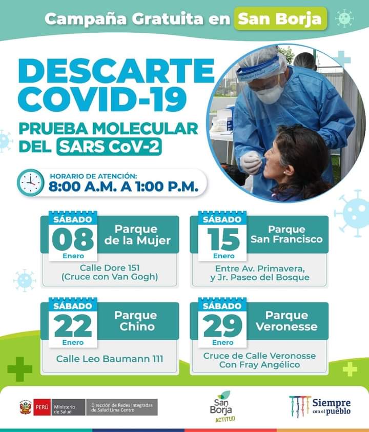 INS_Peru's tweet photo. 🤒Tienes malestar general, fiebre, fatiga, cansancio, dolor de cabeza. 🧪Hazte gratis la prueba molecular en estos puntos itinerantes. 📍Ubica el mas cercano a tu casa en San Borja, Breña y Surquillo, DIRIS Lima Centro. https://t.co/nyQcSBzAOZ