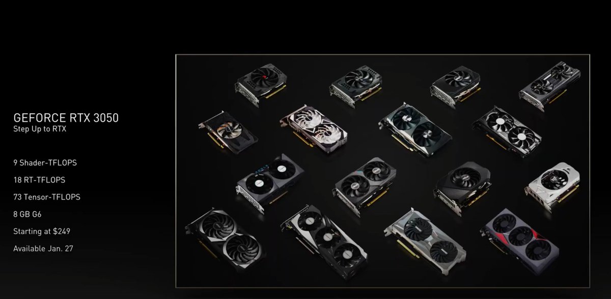 OfficialPCMR's tweet photo. .@NVIDIAGeForce announces the RTX 3050, available Jan 27, recommended price 249 USD. https://t.co/2YYgrYWMw5