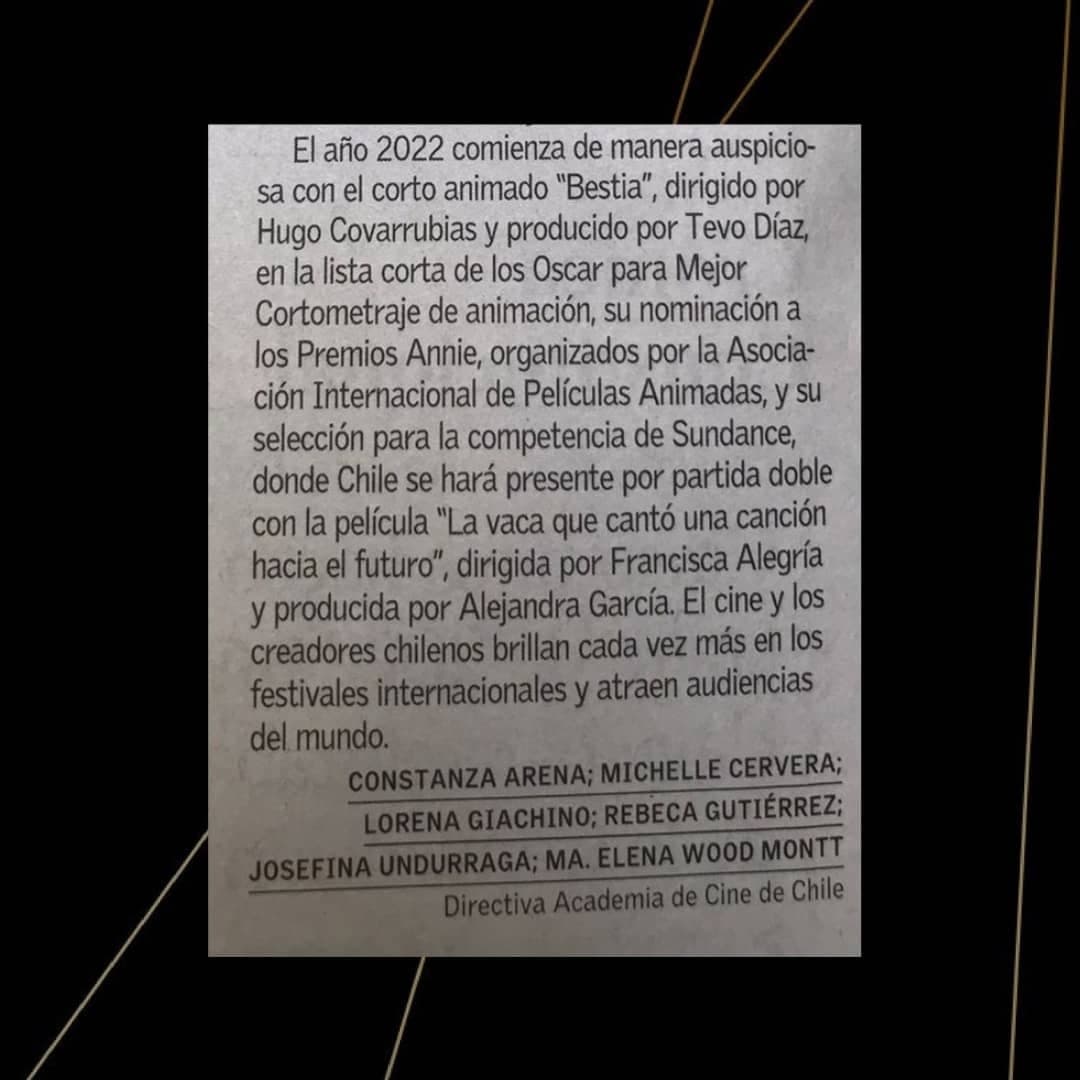 academia_cine's tweet photo. "El cine y los creadores chilenos brillan cada vez más en los festivales internacionales y atraen audiencias del mundo".
Nuestra Directiva complementó la nota de El Mercurio "El cine chileno se abre paso" con la Carta al Director "Orgullos del cine chileno". https://t.co/viIKfxeLoW