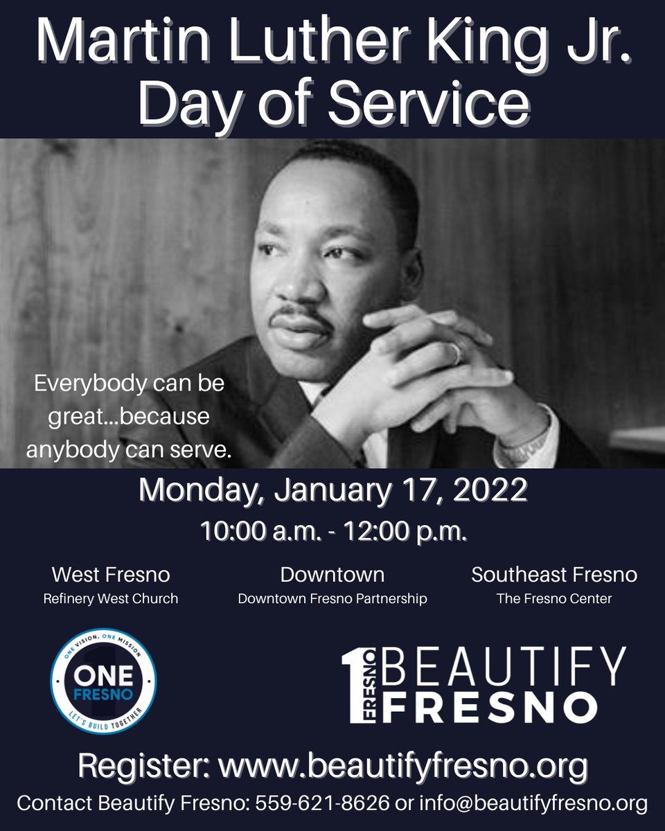 BeautifyFresno's tweet photo. Here's an easy New Year's resolution that will make a BIG difference in our community! Join @MayorJerryDyer as we celebrate the National Day of Service on Monday, 1/7 and kick off 2022 with three cleanup events! Register at https://t.co/FIa8CdnxaZ. https://t.co/TLYhP3Vgiq