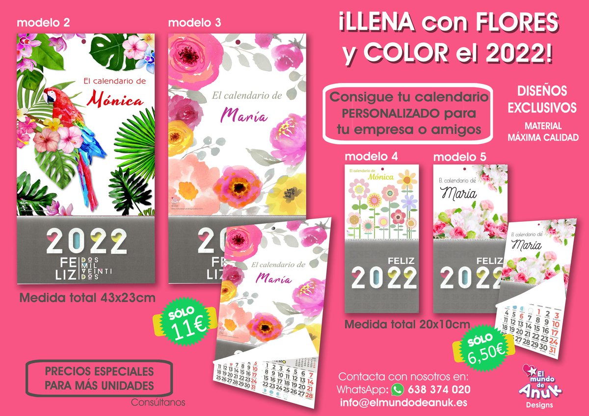 Llena con flores y color el 2022🌹🌼🌺🌷 Elige tu calendario PERSONALIZADO para ti, tus clientes o amigas.
PRECIOS ESPECIALES PARA MÁS UNIDADES. Contacta con nosotros para más información en elmundodeanuk@gmail.com o en 638 374 020 Estaremos encantados de atenderte :)
🌹🌹🌹🌷🌷