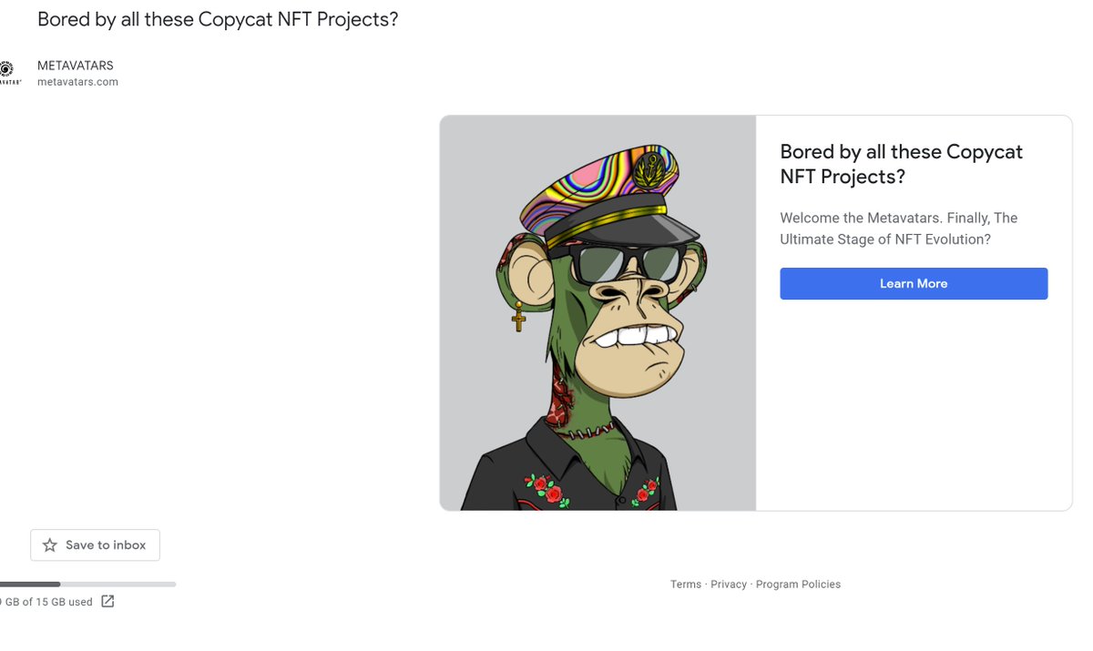 PristineSniper's tweet photo. Just got an NFT ad in my Gmail. Wonder how well this works. https://t.co/yuXTU7ZMK2