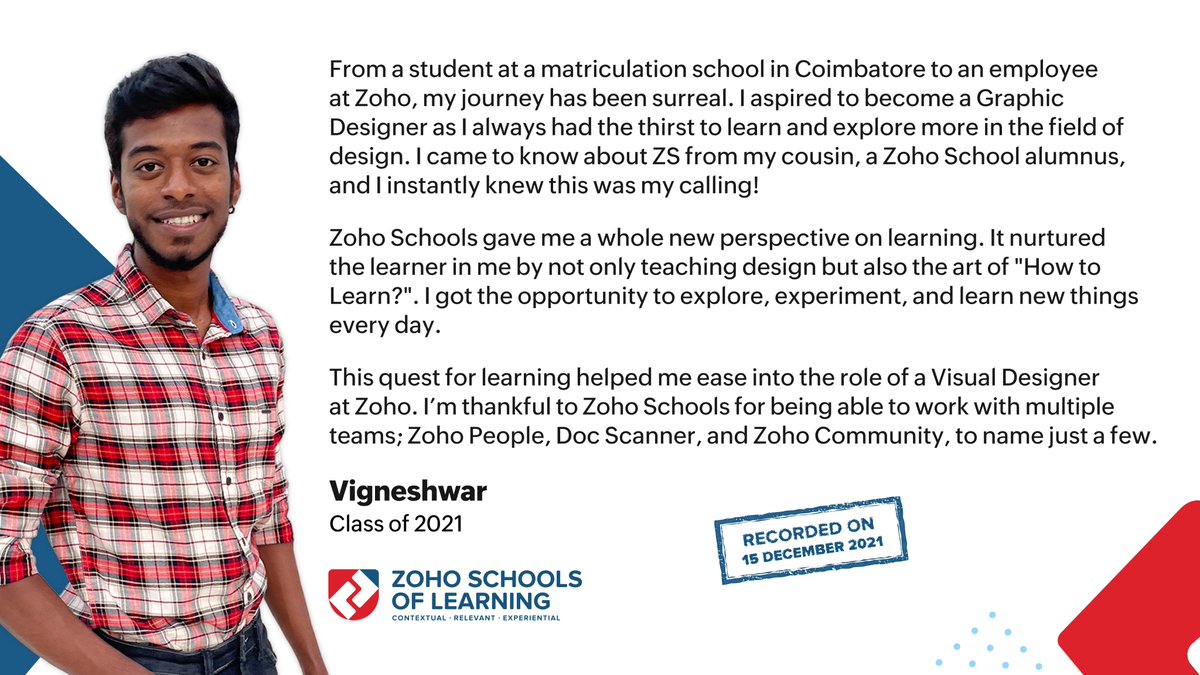 Vigneshwar (<a href="/vigneshwarvkey/">Vigneshwar</a>), a former student of the Zoho School of Design,is now a #visualdesigner <a href="/Zoho/">Zoho</a>.He shares his fun-filled story of how he loved his time at Zoho Schools and how it redefined "Learning" in his life. Read more to know about his journey!
#zohoschools #zoho