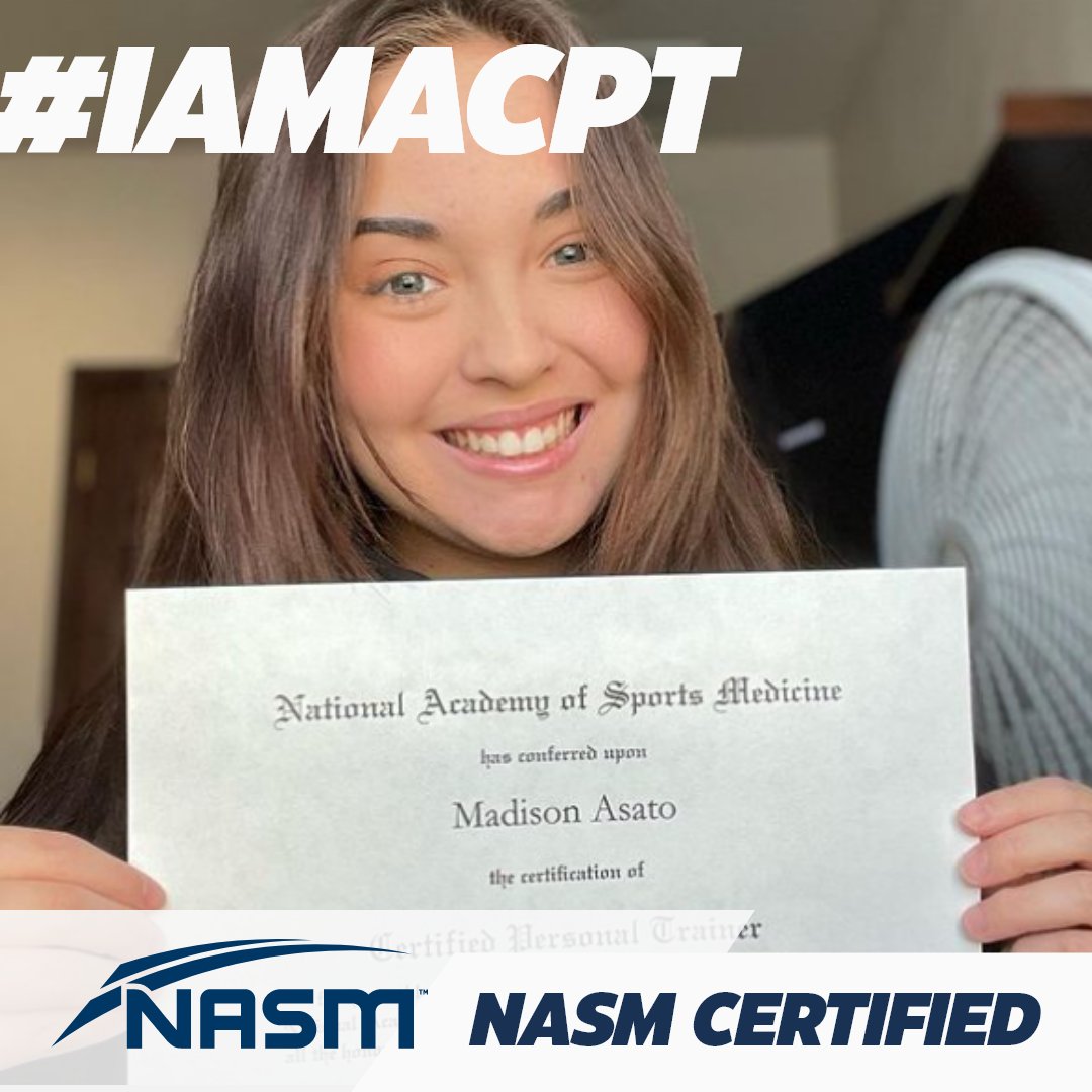 NASM's tweet photo. Introducing the newest #IAMACPT in 3...2...1...Congratulations to Madison for closing out 2021 strong and becoming an NASM Certified Personal Trainer!💥 We can't wait to watch everything she accomplishes in the fitness industry! https://t.co/KpFyChWpop https://t.co/uuJOSm4Yd1