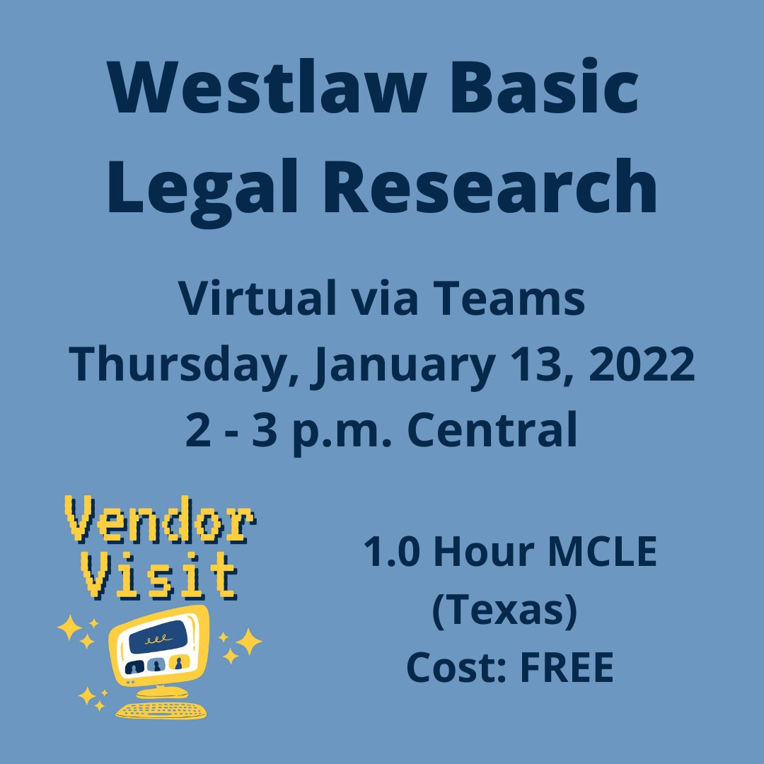 HCLawLibrary's tweet photo. New on the Ex Libris Juris blog - Free #CLE on 1/13/2022: Westlaw Basic Legal Research https://t.co/8wO6dVvVHu #TexasCLE #Westlaw #LegalResearch https://t.co/qwtbGKedJe