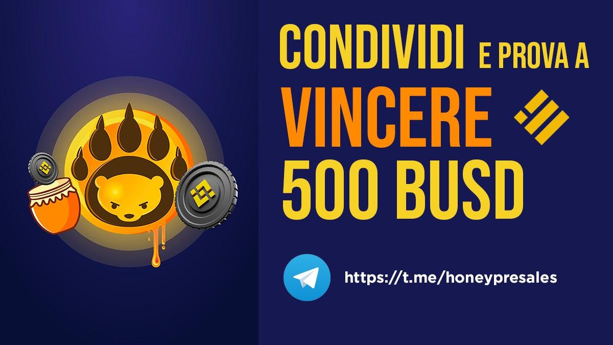 ⚠️ 100x5 BUSD GIVEAWAY⚠️

Per iniziare l'anno nel migliore dei modi🚀

Regole:

1️⃣ Like + Retweet  questo post
2️⃣ Tagga 3 Amici nei commenti
3️⃣ Unisciti su t.me/honeycalls &amp; t.me/honeypresales

I 5 vincitori verranno estratti random il 10/01 su Twitter

Good Luck!🔥