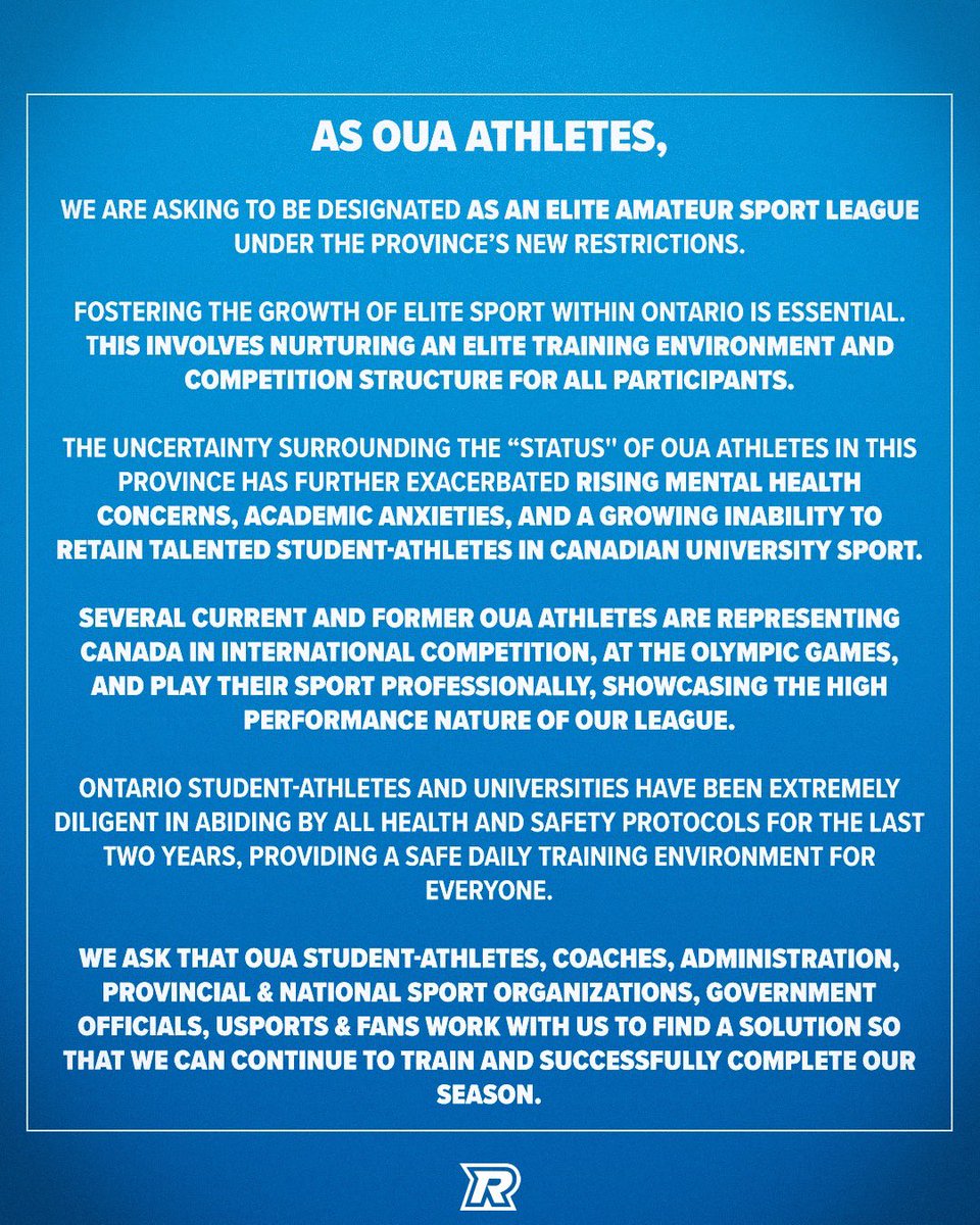 BenSteiner00's tweet photo. From the OUA student-athletes of the Ryerson Rams.

A call to the Ontario government from an entire athletics program to be designated as “elite” under the new resstrictions.

📸@ryersonrams https://t.co/MZraB8yzPf
