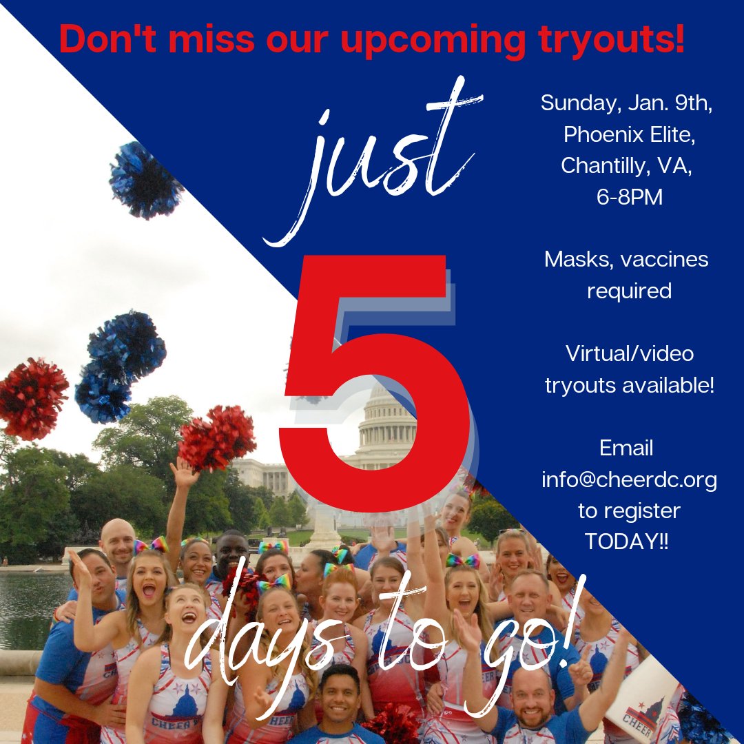 CheerDC_'s tweet photo. It's almost time! We hope to see YOU at Phoenix Elite this Sunday OR to see your video submission! Either way, you MUST email info@cheerdc.org to get the process started. Can't wait to welcome some new teammates to the #CheerFam! ❤💙🏳️‍🌈 #CharitableCheerleading #PCARocks https://t.co/WjBi8fTqOP