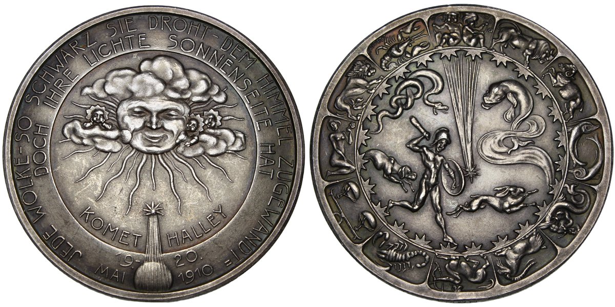 numismagram's tweet photo. For a medal that is out of this world, check out this silver striking from famed German medalist, #KarlGoetz. This issue from 1920 celebrates the still-recent arrival of Halley's Comet in 1910... ➡️$985⬅️ https://t.co/m0ekvK1CBu #numismatics #exonumia #medallicart #halleyscomet https://t.co/qUJRdYf790