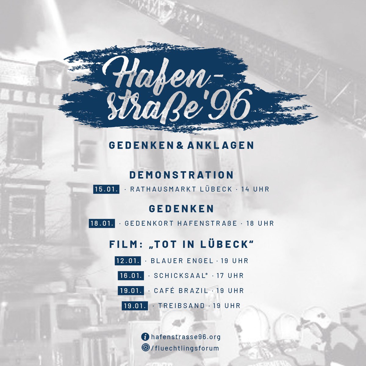 Am 18. Januar 1996 verübten Neonazis einen Brandanschlag auf eine Geflüchtetenunterkunft in #Lübeck. 10 Menschen starben, 38 Menschen wurden verletzt.

Auch in diesem Jahr findet eine Erinnerungswoche statt.

Weitere Infos unter hafenstrasse96.org

#NoNazisSH #Hafenstraße96