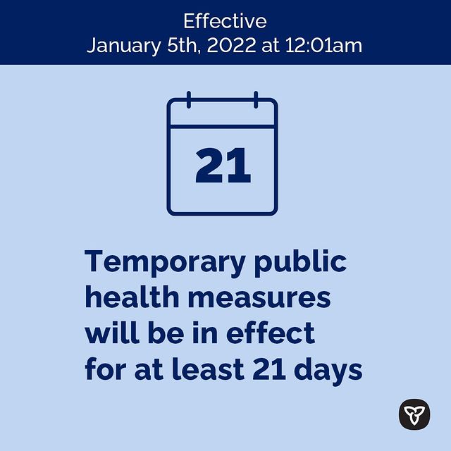 The province of Ontario has updated its health measures for businesses that go into effect January 5th at 12:01am. 
Please click here for the complete list and details - covid-19.ontario.ca/public-health-…