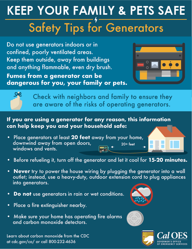 Cal_OES's tweet photo. When using a generator remember to follow these important safety tips to keep you and your loved ones safe.

And for resources on warming centers, safety tips and more, visit: https://t.co/X9npbhgotg https://t.co/N6S5zs79bL