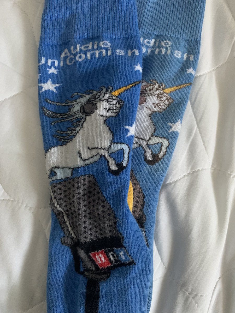 kwalk27's tweet photo. @nprAudie Will wear my “Audie Unicornish” socks this week in honor! Best wishes! https://t.co/mdsNuihi0R
