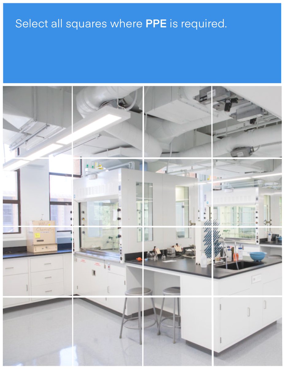 Verifying you're a safe chemist and not a robot. Select all the squares where #PPE is required. #chemsafety