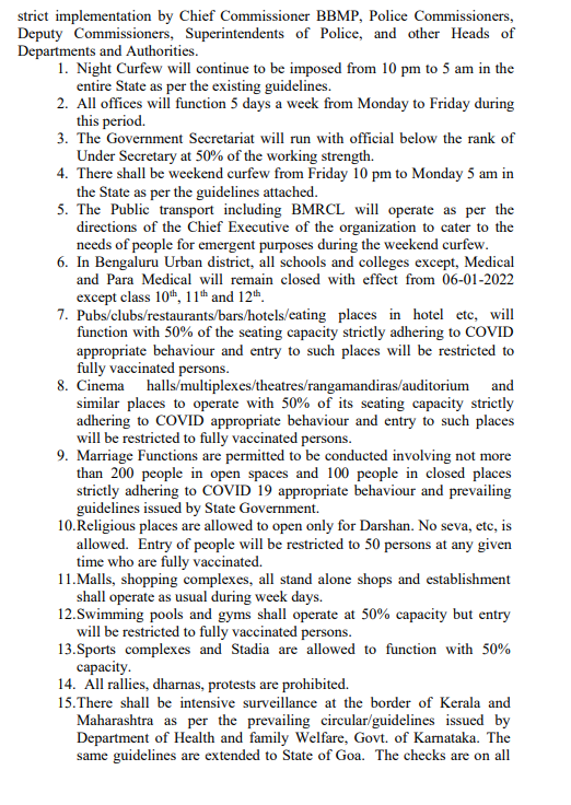 ANI's tweet photo. Karnataka imposes fresh COVID19 restrictions to contain the surge in cases

Weekend curfew from Friday 10 pm to Monday 5 am for the next 2 weeks. Pubs, clubs, restaurants, bars, hotels, cinema halls, multiplexes, theatres &amp; auditoriums to operate with 50% seating capacity https://t.co/ITEAK5Ur6e