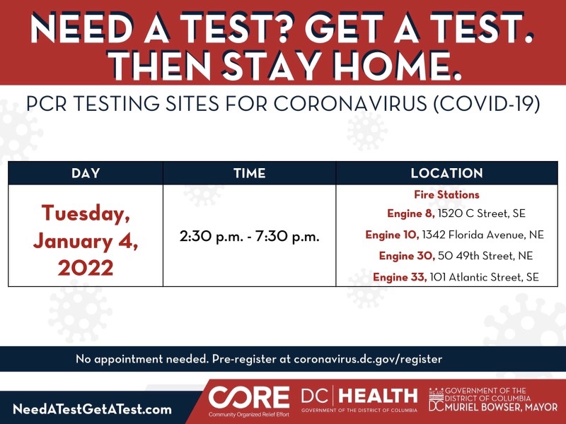 _DCHealth's tweet photo. Due to snow interfering with site set-up, CORE's 12PM session at Thrive DC is canceled for today. Here is today’s updated PCR testing schedule: https://t.co/g8Mg2AwRSL