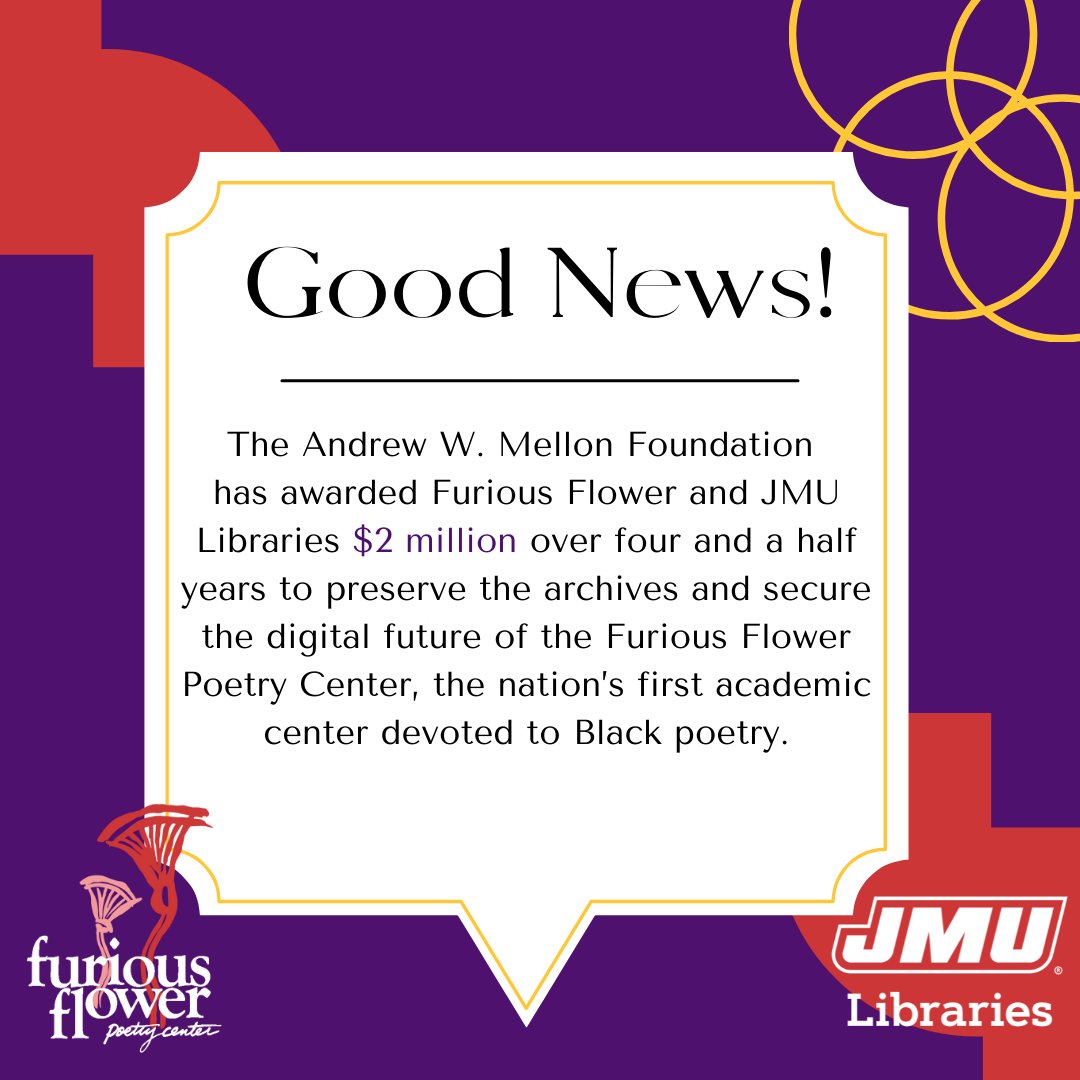 FuriousFlowerPC's tweet image. What a way to start the new year! We are thrilled to continue our important partnership with @JMUlibraries and @JMUSpeColl. Thank you to @MellonFdn for supporting our work! 
Full story: jmu.edu/news/2022/01/0…