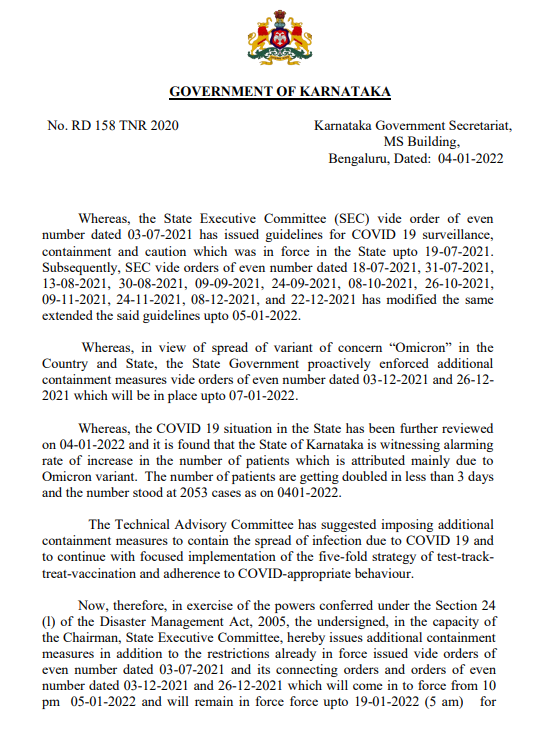 ANI's tweet photo. Karnataka imposes fresh COVID19 restrictions to contain the surge in cases

Weekend curfew from Friday 10 pm to Monday 5 am for the next 2 weeks. Pubs, clubs, restaurants, bars, hotels, cinema halls, multiplexes, theatres &amp; auditoriums to operate with 50% seating capacity https://t.co/ITEAK5Ur6e