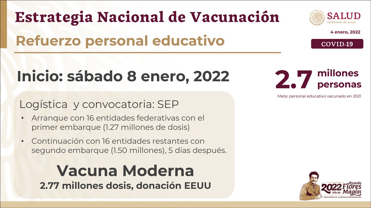 El 8 de enero inicia la vacunación de refuerzo contra #COVID19 para personal educativo con la vacuna Moderna en 16 estados de la república mexicana. Así lo informó el subsecretario de <a href="/SSalud_mx/">SALUD México</a> <a href="/HLGatell/">Hugo López-Gatell Ramírez</a>. #PonteVIVO