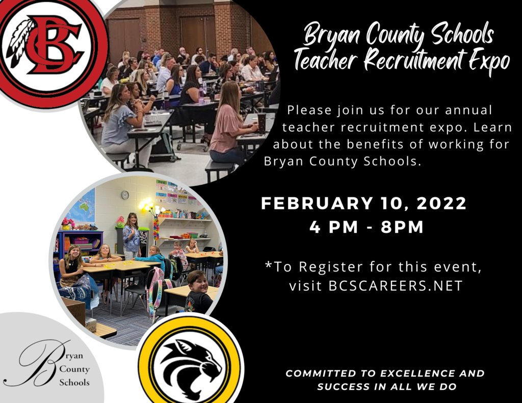 BryanCoSchools's tweet photo. Bryan County Schools will host a Teacher Recruitment Expo Thursday, February 10, 2022. Registration is required for this event. To register, please visit https://t.co/xmxztibEmR. https://t.co/OC4ZJDory9
