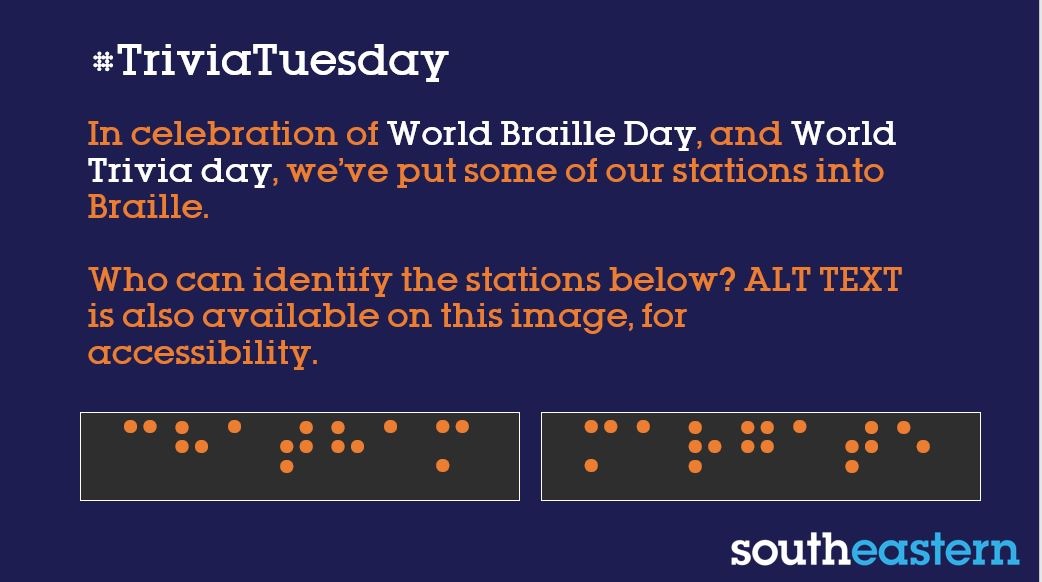 Se_Railway's tweet photo. 💭 #TriviaTuesday
⚫️ In recognion of #WorldBrailleDay & #WorldTriviaDay, we've attached an image, with ALT TEXT, for a guessing game of two stations, in Braille.
🖐️ Although you can't feel the braille, we encourage you to explore the accessible features.
@RNIB https://t.co/bMBcPd5yos