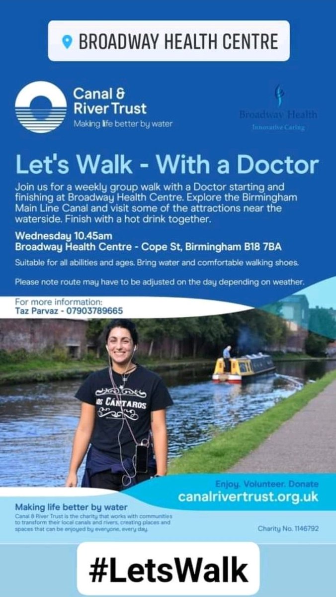 run_taz's tweet photo. #LetsWalk
#WalkWithADoctor
#BroadwayHealthCentre 

Every Wednesday at 10.45am from outside Broadway Health Centre Cope St B18 7BA

Book on here:
↪
https://t.co/rBveGh7vum

@CRTWestMidlands 
#lifesbetterbywater https://t.co/j9EsIQQwoU