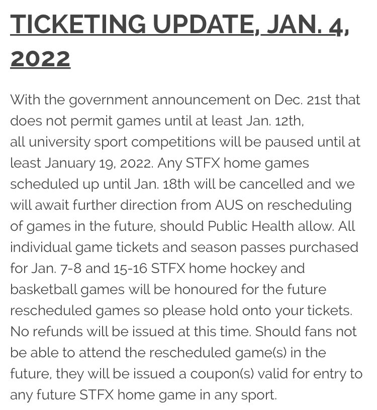 StFXAthletics's tweet photo. Please note the following ticketing update as it applies to STFX home hockey and basketball games scheduled up until Jan. 18th. https://t.co/zrq0yPVNTR