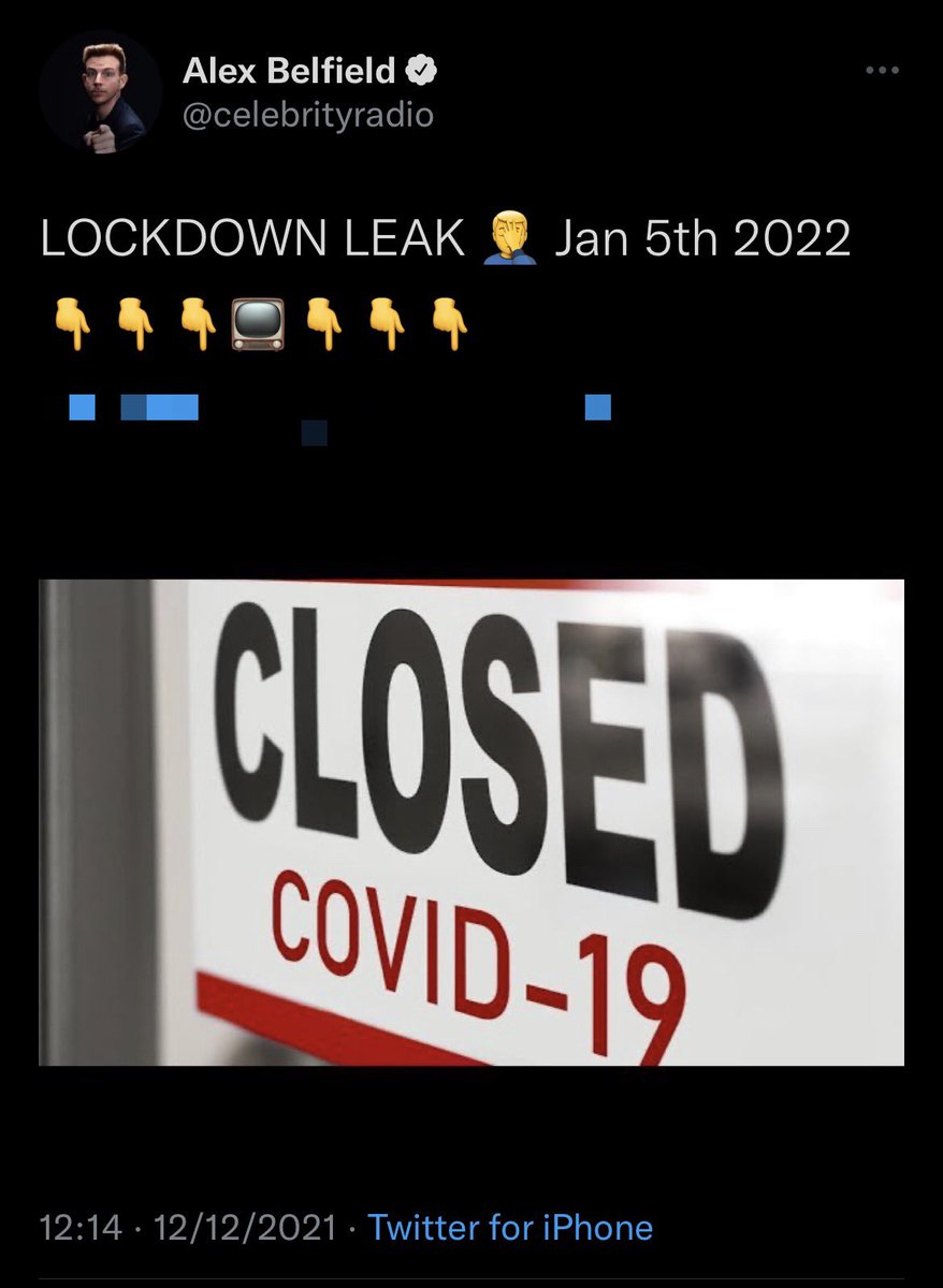 The_Mumpsimus's tweet photo. FACT CHECK: On Sunday 12th December 2021, Alex Belfield @celebrityradio stated a “fake” leak about a lockdown coming in on 5th January 2022.
As usual, WRONG.
Because he’s not a journalist, he has zero access to such information, as proved here.
#notajournalist #neverhasbeen https://t.co/KXJqTGX3NK