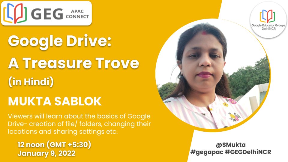 #GEGapac #GEGAPAC #GEGDelhiNCR
#StayingConnected
<a href="/GEGDelhiNCR/">GEG DelhiNCR</a>
<a href="/GegProgram/">Google Educator Groups</a>
<a href="/GEG_Ghaziabad/">GEG Ghaziabad</a>
 Join my session on “Google Drive:A Treasure Trove”(In Hindi)  scheduled on 
📅 : 9th Jan 2022
Day : Sunday
⌚: 12:00 noon
Join us live on YouTube: youtube.com/watch?v=pRpgTN…