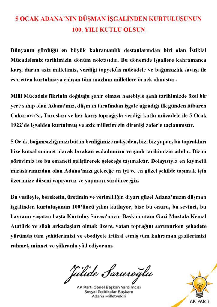 Adanamızın düşman işgalinden kurtuluşunun 100. yıl dönümünü kutluyor, tüm hemşehrilerimizin bu şanlı gününü tebrik ediyorum.
#niceyüzyıllaraAdana