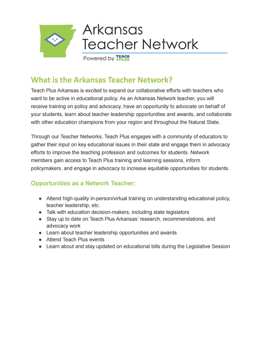 Join the Arkansas Teacher Network!

To learn more, please visit our website: teachplus.org/arkansas-teach…

#changemakers #advocacy #inspiringthefuture #TeachPlusAR