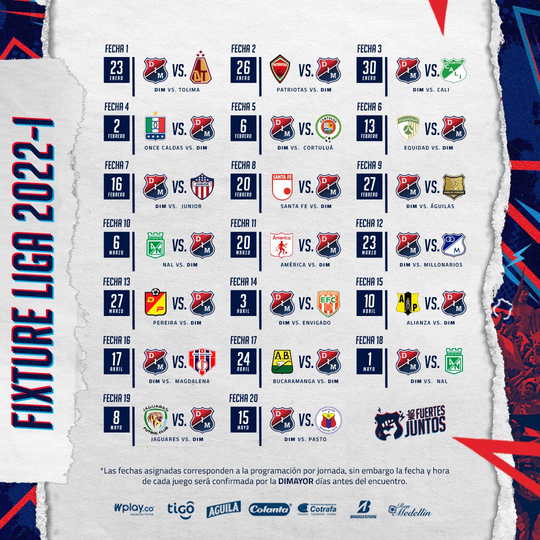 DIM_Oficial's tweet photo. [Plantel profesional 🔴🔵] Este lunes se sorteó el fixture de la #LigaDIMAYOR 2022-1 y así será el calendario que deberá afrontar el #Poderoso en su búsqueda por conseguir la anhelada séptima estrella ⭐🏆. https://t.co/1vLW9Lg8n0
