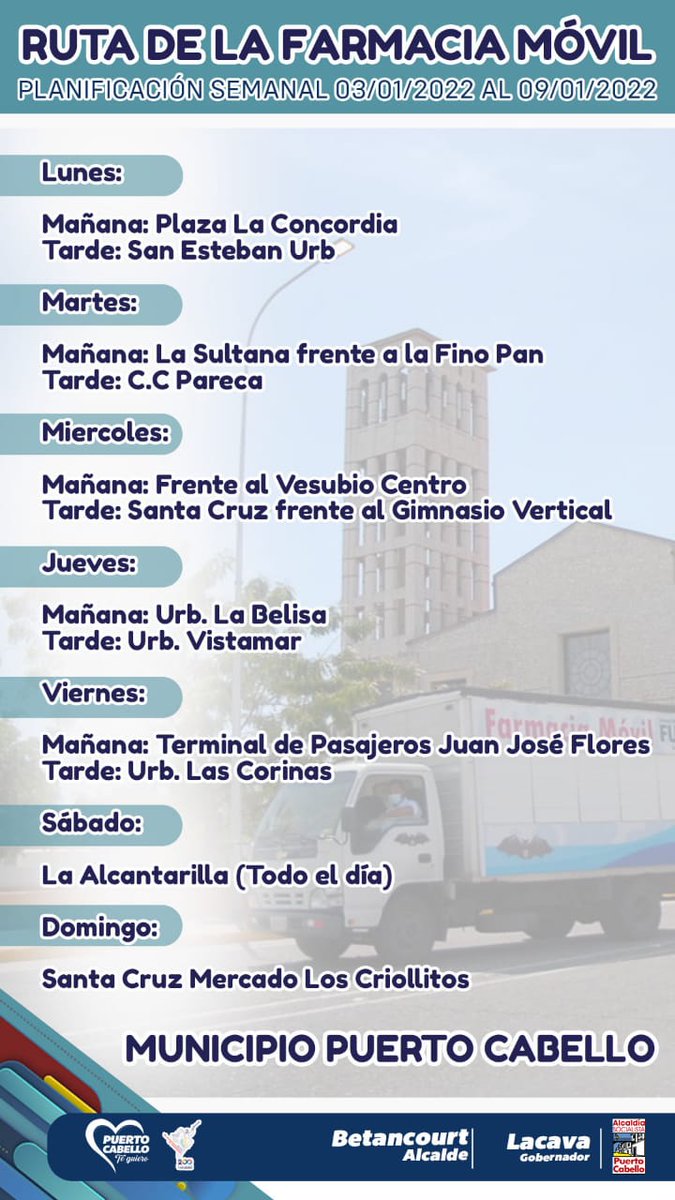 apuertocabello's tweet photo. #VamosConTodo #SaludYBienestar Compartimos a nuestro Pueblo Puerto Cabello, el cronograma de sitios y horarios por los cuales se desplazará la Farmacia Móvil de Fundab del 03 al 09 de enero, gracias al apoyo de la gestión del alcalde @JCbetancourt72 #VacunateContraLaCovid #Patria https://t.co/zDBVjisrMs