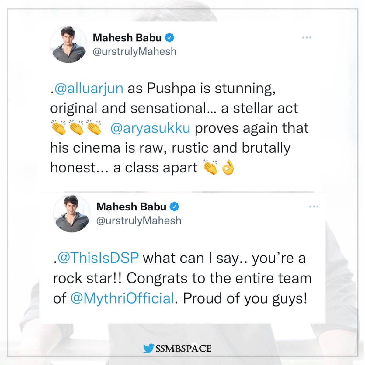SSMBSpace's tweet photo. Superstar @UrstrulyMahesh Lauds  #Pushpa Team💥💥

A True Cinema Lover in every true sense 👏👏👏

#MaheshBabu @AlluArjun #Sukumar #SSMBSpace @MythriOfficial https://t.co/6m654QZrbq