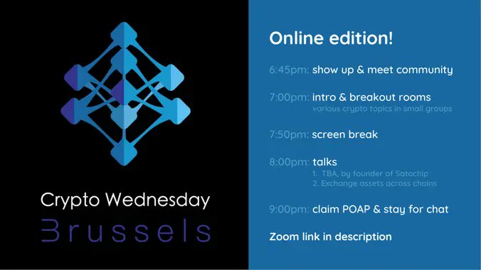 daobrussels's tweet photo. Make sure not to miss tomorrow's Crypto Wednesday event which will this time be online :)
You can register here and you will be informed of the zoom link soon:
https://t.co/d3ZWXFl4by
Looking forward to seeing you all! https://t.co/1FihTCUFoB