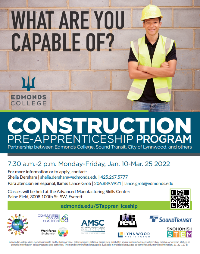 CindyWATR's tweet photo. Due to weather we are moving the class start date and end date.  
NO COST for this class.
NEW: Orientation 1/7/2022 8am-11am     Start date 1/10/2022 7:30am to 2pm Monday to Friday End 3/25/2022    SEE ATTACHED FLIER

Please Call Shelia Dersham 425-267-5777 to save your spot. https://t.co/wtQRhXRFvh