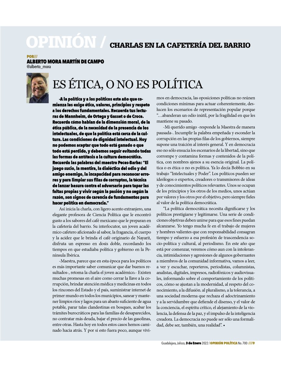 Charlas en la Cafetería del Barrio
Es ética, o no es política.
Por Alberto Mora
<a href="/alberto_mora/">Alberto Mora</a>