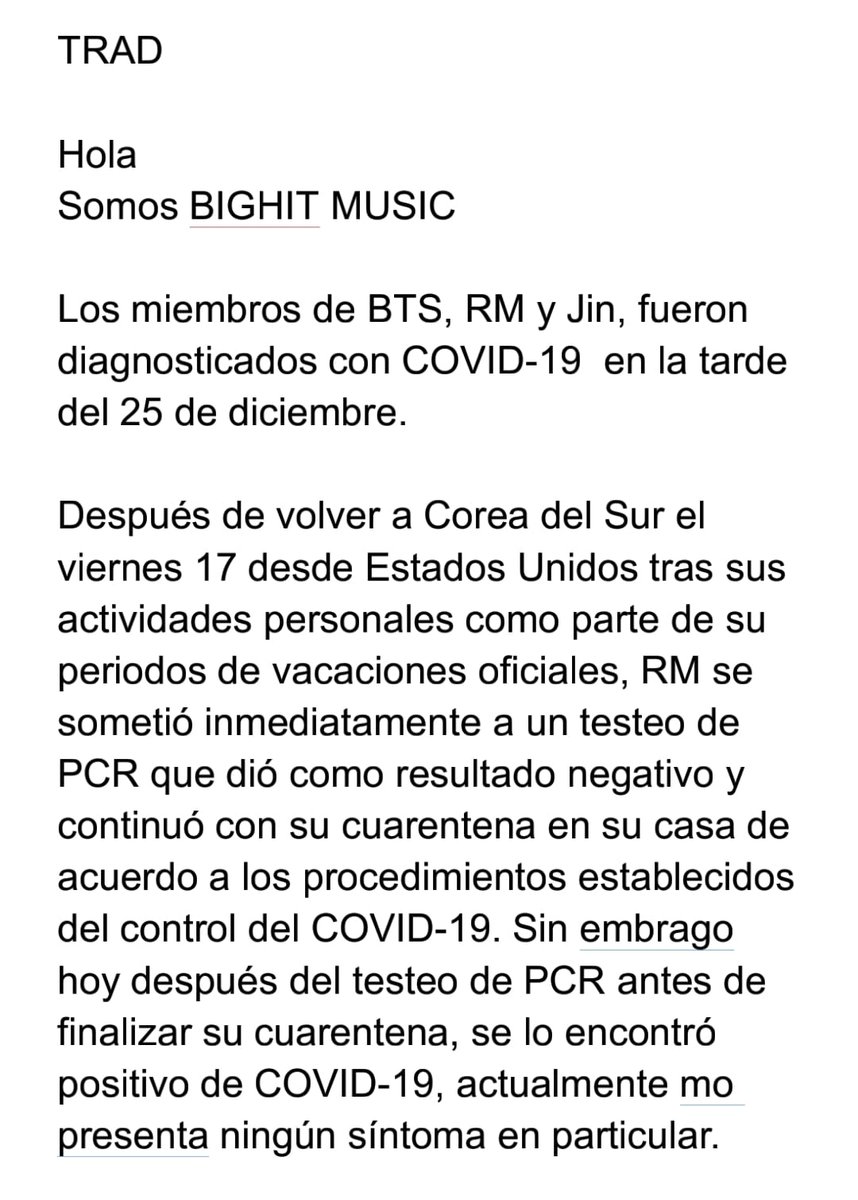 tkismagic's tweet photo. “Nos gustaría informarles que los miembros de BTS RM y Jin se han recuperado completamente y su cuarentena ha concluido a partir de hoy al mediodía, 4 de enero.”
Ellos son tan fuertes, todos están saludables ahora, los quiero 🥺💗
#BTSRM #BTSJIN #RMMerchStyle #JinSoul #BTSARMY https://t.co/qrKSb9WeNU
