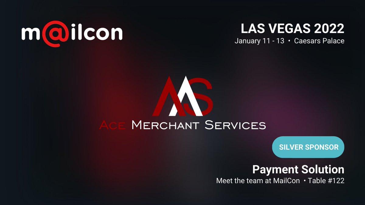 MailConOfficial's tweet photo. Here's to our SILVER sponsors at ACE Merchant Services! π
Ace Merchant Services is a trusted partner and advocate in the payment processing space.
#AceMerchant #MailCon #MailConLV #MailConLV22 #MailCon22 #FinancialServices #PaymentSolutions #EmailMarketing #EmailGeeks https://t.co/NLpTEuxL8f