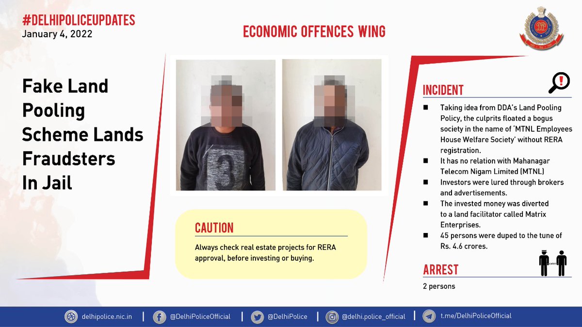 DelhiPolice's tweet photo. Economic Offences Wing of #DelhiPolice nabbed two fraudsters who duped several people of crores of money in the name of land pooling scheme.

@CPDelhi @EOWDelhi

#DelhiPoliceUpdates https://t.co/RGjypKCQKu