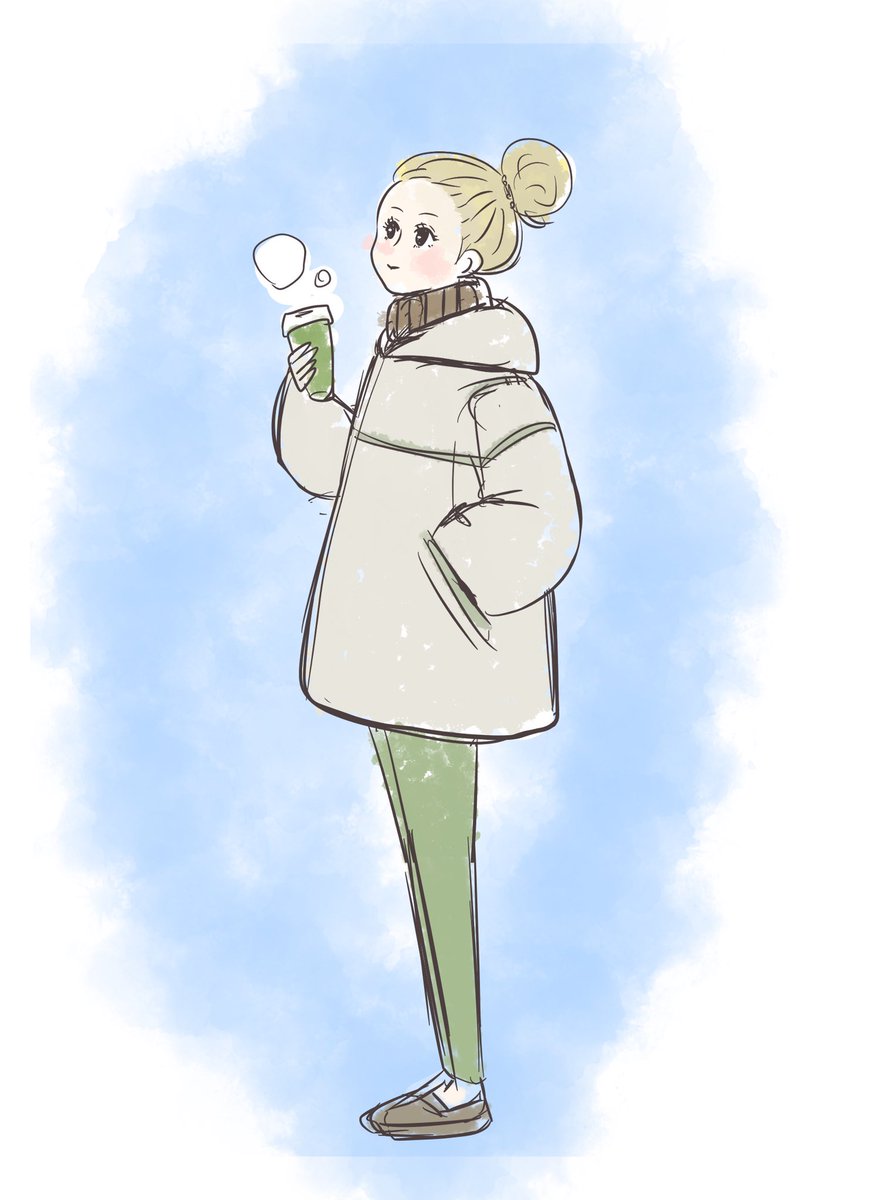 1girl solo hair bun green pants hand in pocket blonde hair single hair bun  illustration images